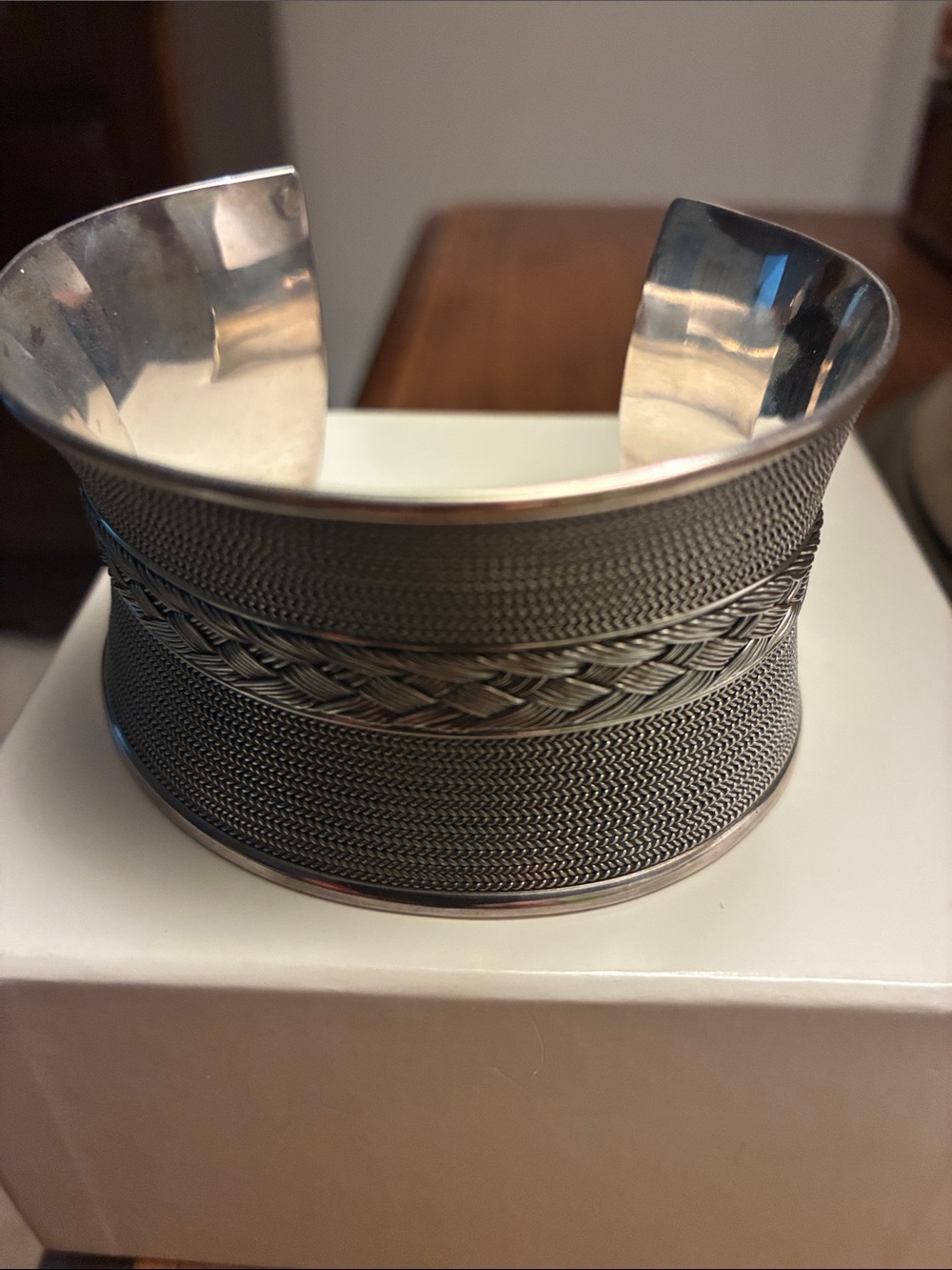 Braided Silver-Tone Wide Cuff Bracelet - Elegant Women's Jewelry